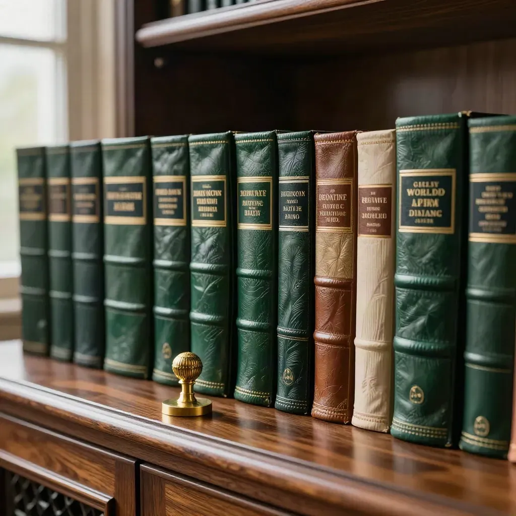 Macro of sealed estate folios, bound volumes, and a brass seal on a walnut credenza.