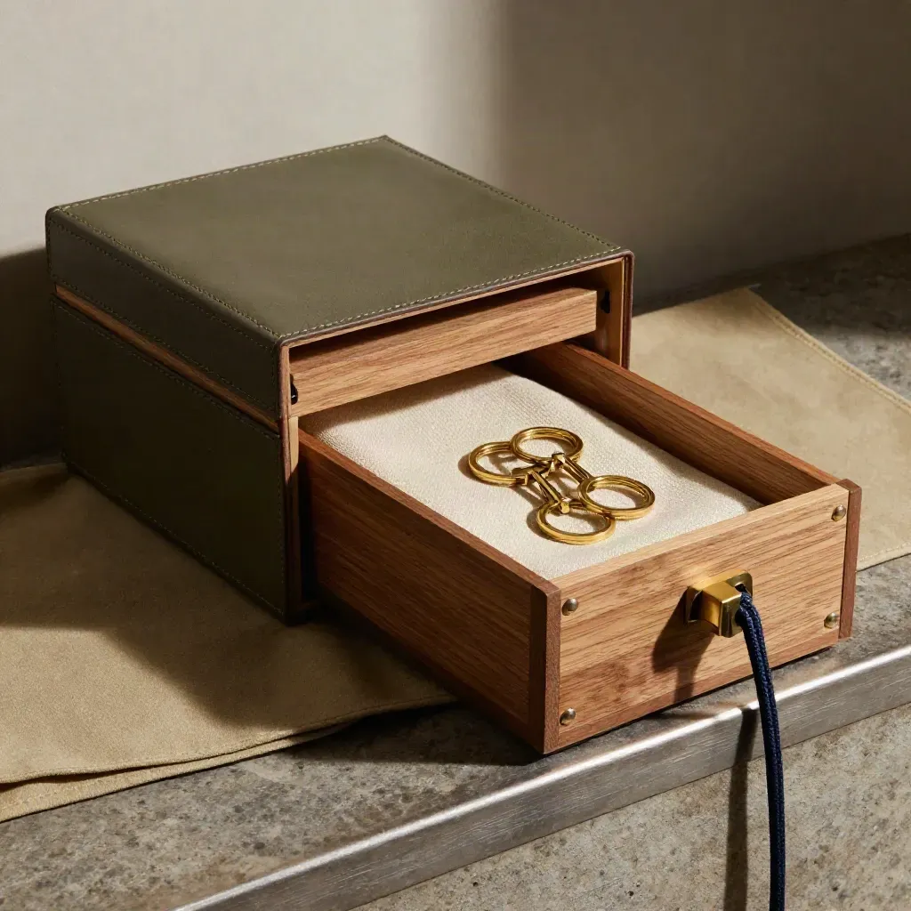 Nested heirloom boxes, brass key rings, and an oak transfer case in motion on stone.