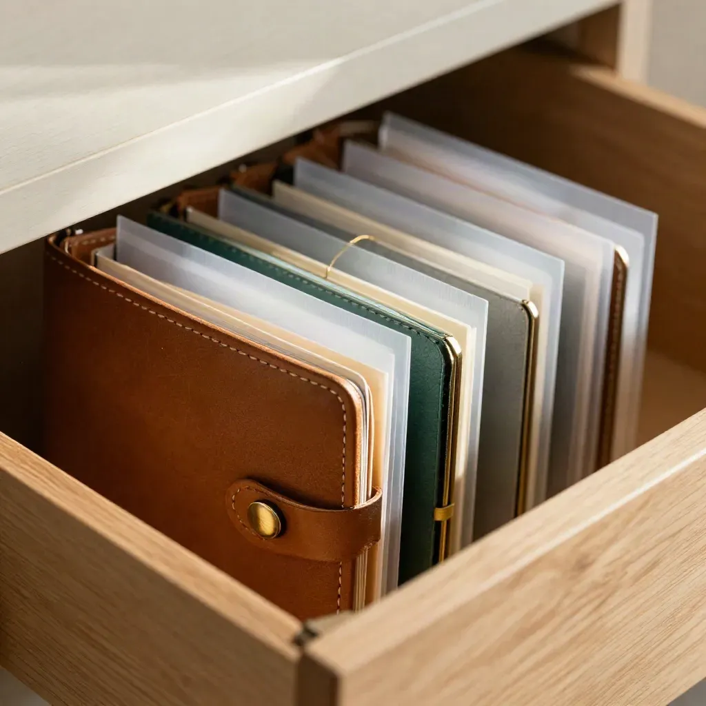 Bronze index ring with archive wallets and frosted account sleeves in a shallow drawer.