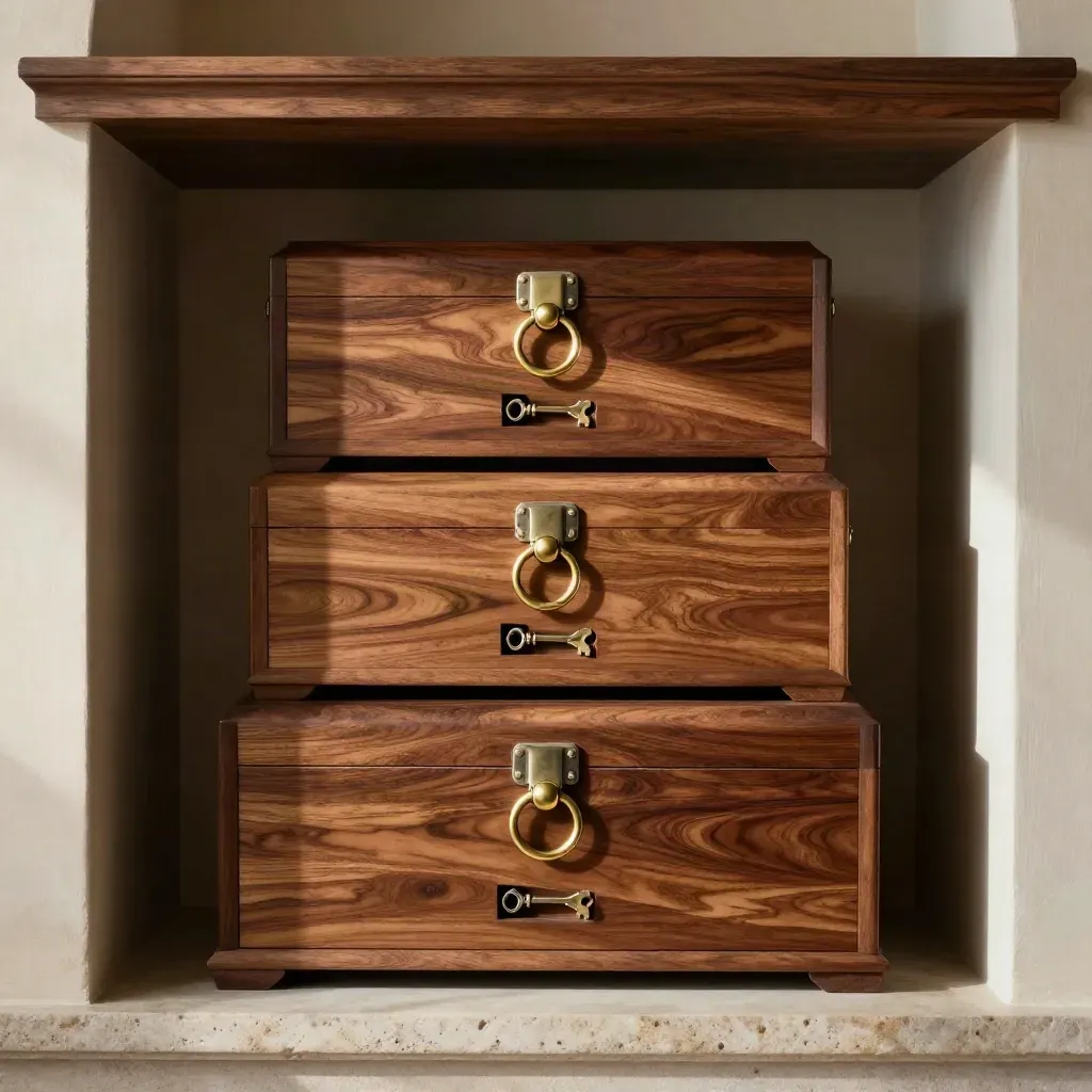 Three brass-pulled trust boxes nested in a walnut alcove, lit with warm cinematic shadows.