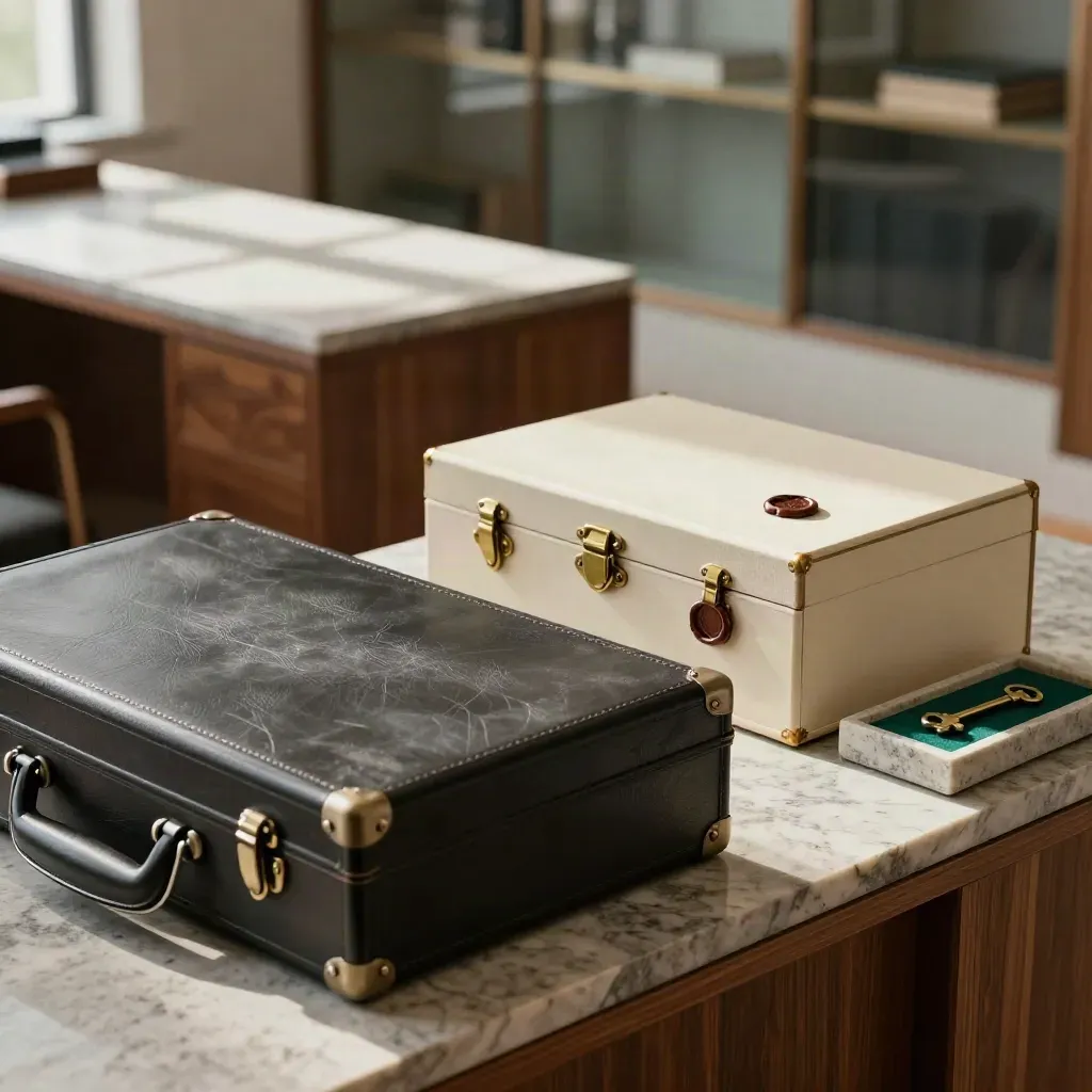 Leather transfer case, sealed archive box, and key tray on a limestone sideboard in a bright office.