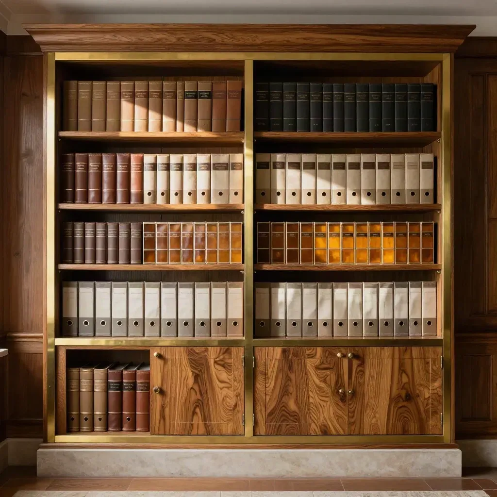Monumental oak trust shelf with four aligned archive compartments and brass details.