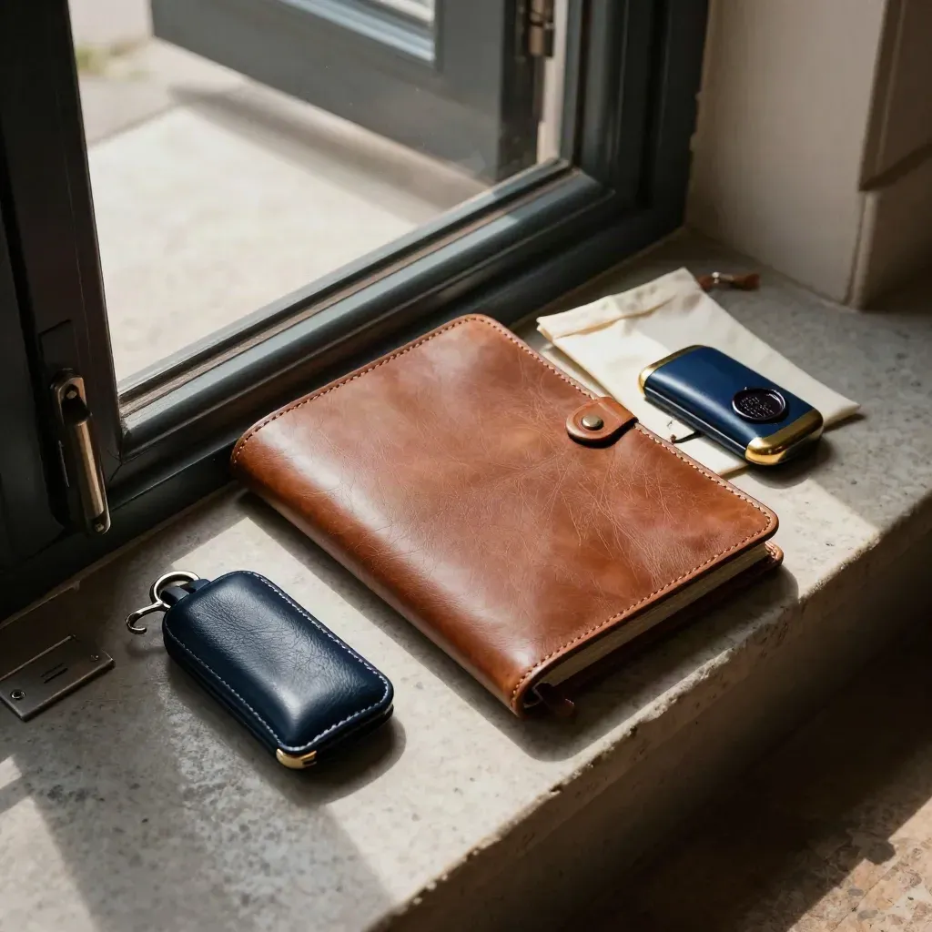 Estate folio, sealed packet, and key case ready on a doorway ledge in warm late-day light.