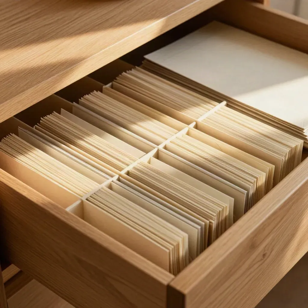 Top-down oak drawer with neatly sorted beneficiary archive sleeves in warm late-afternoon light.