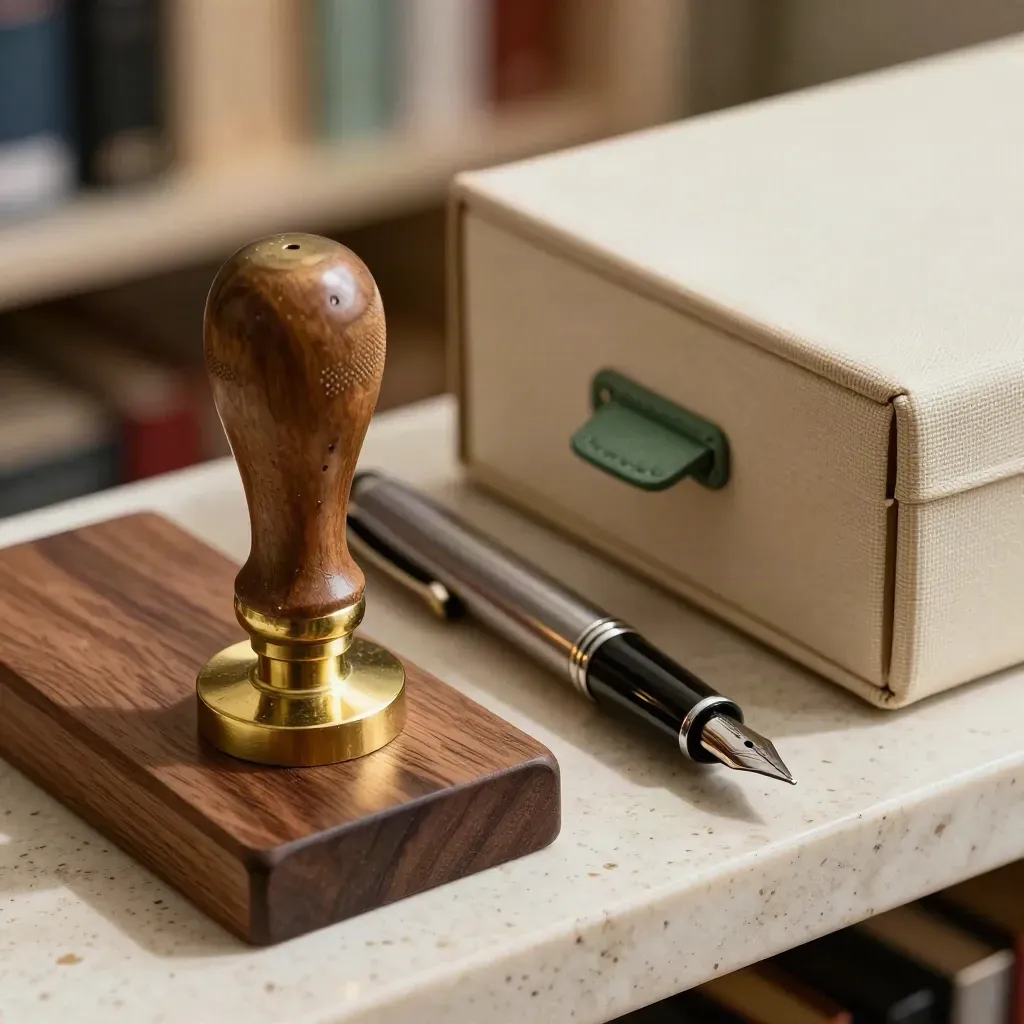 Brass seal stamp, fountain pen and archive box on travertine in a trust office still life.