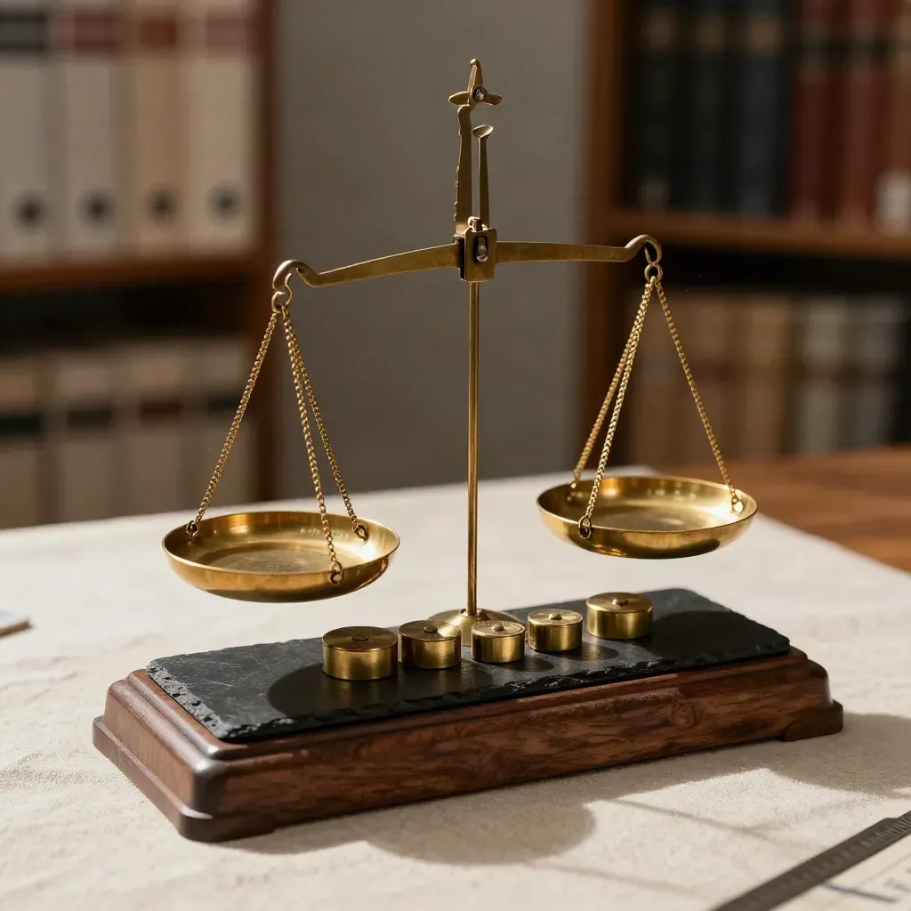 Brass balance scale and aligned weights on a black slate tray in a dim trust office