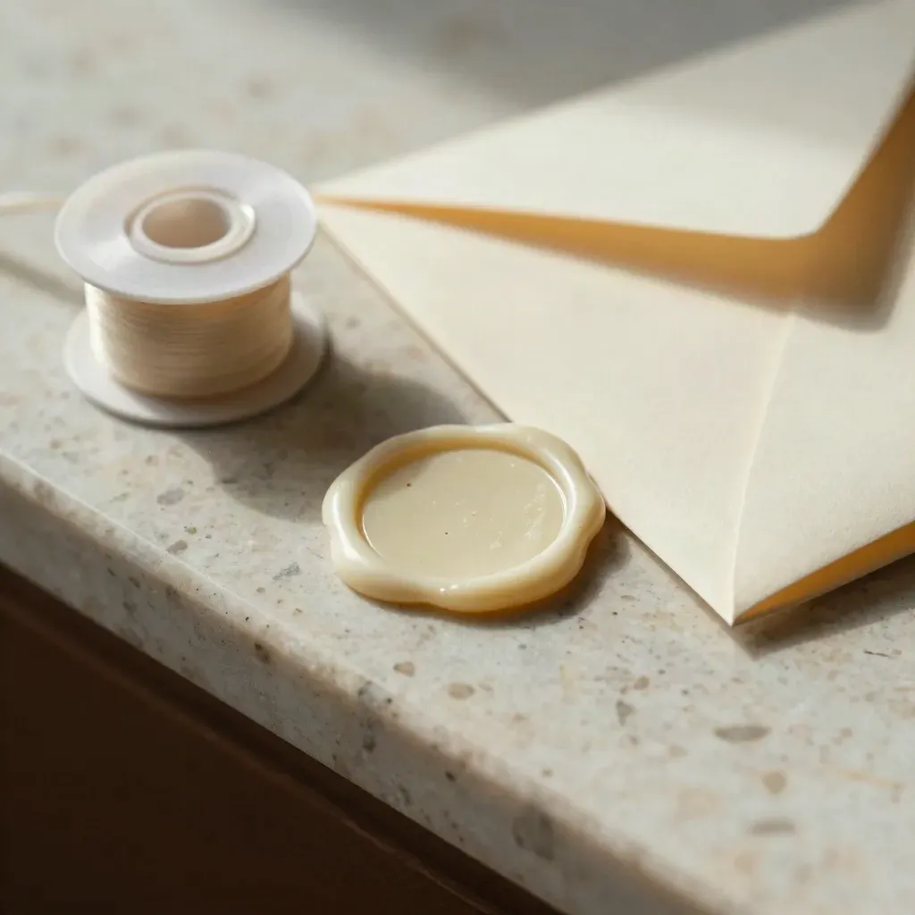 Wax seal cake, ribbon spool, and archival box on a travertine estate-planning ledge.