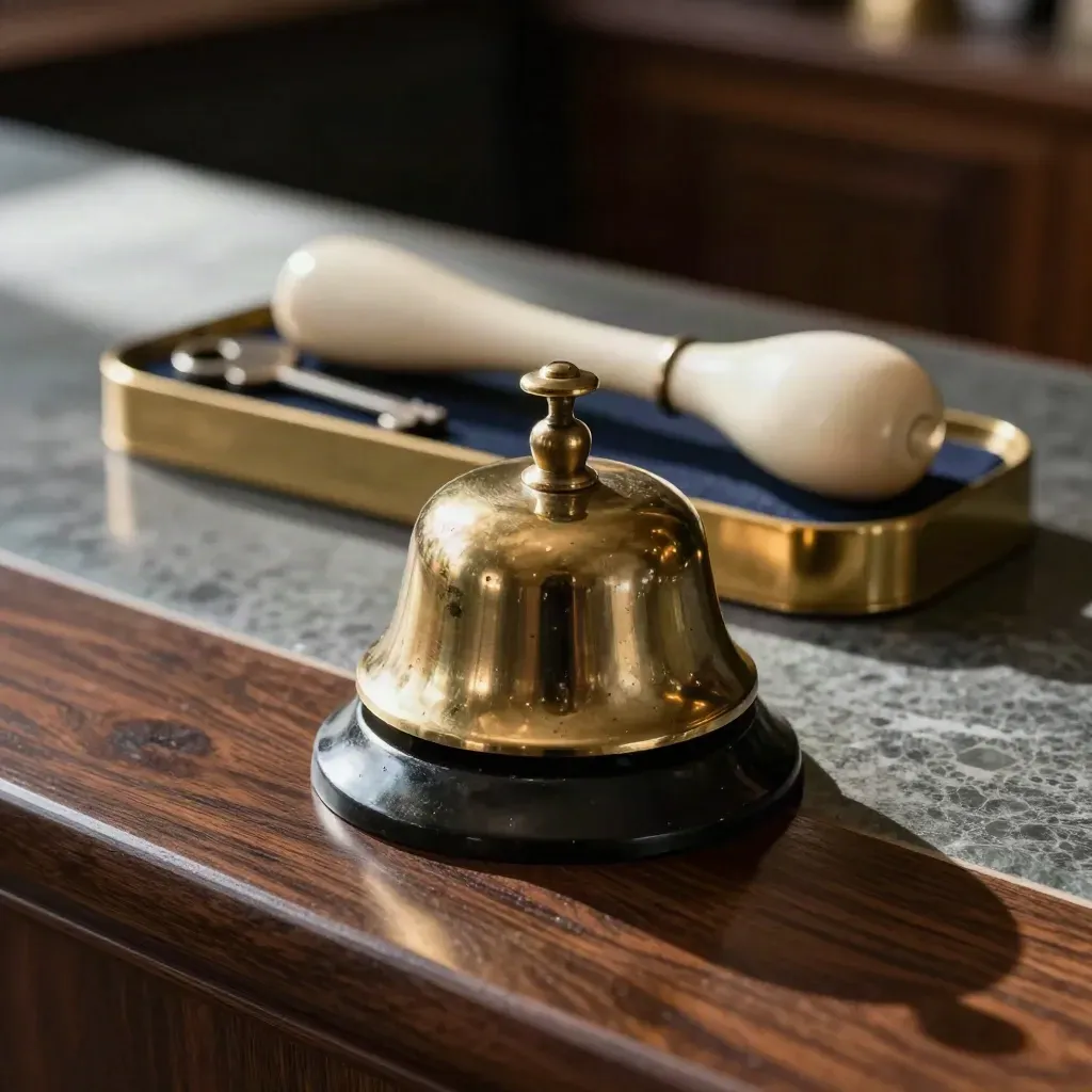 Brass service bell, cream handset, and key tray on walnut stone under soft daylight