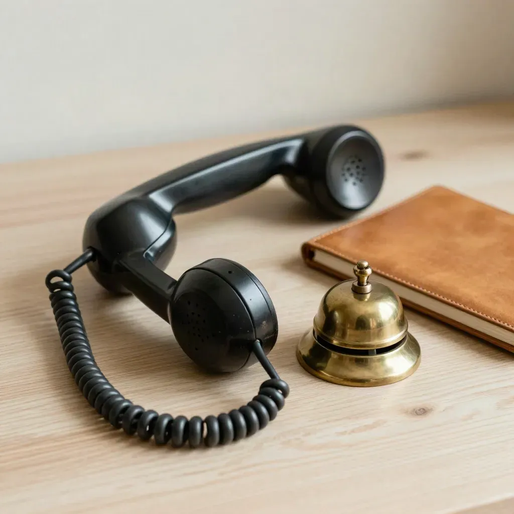Desk phone receiver beside brass bell and leather notebook on pale oak, softly lit