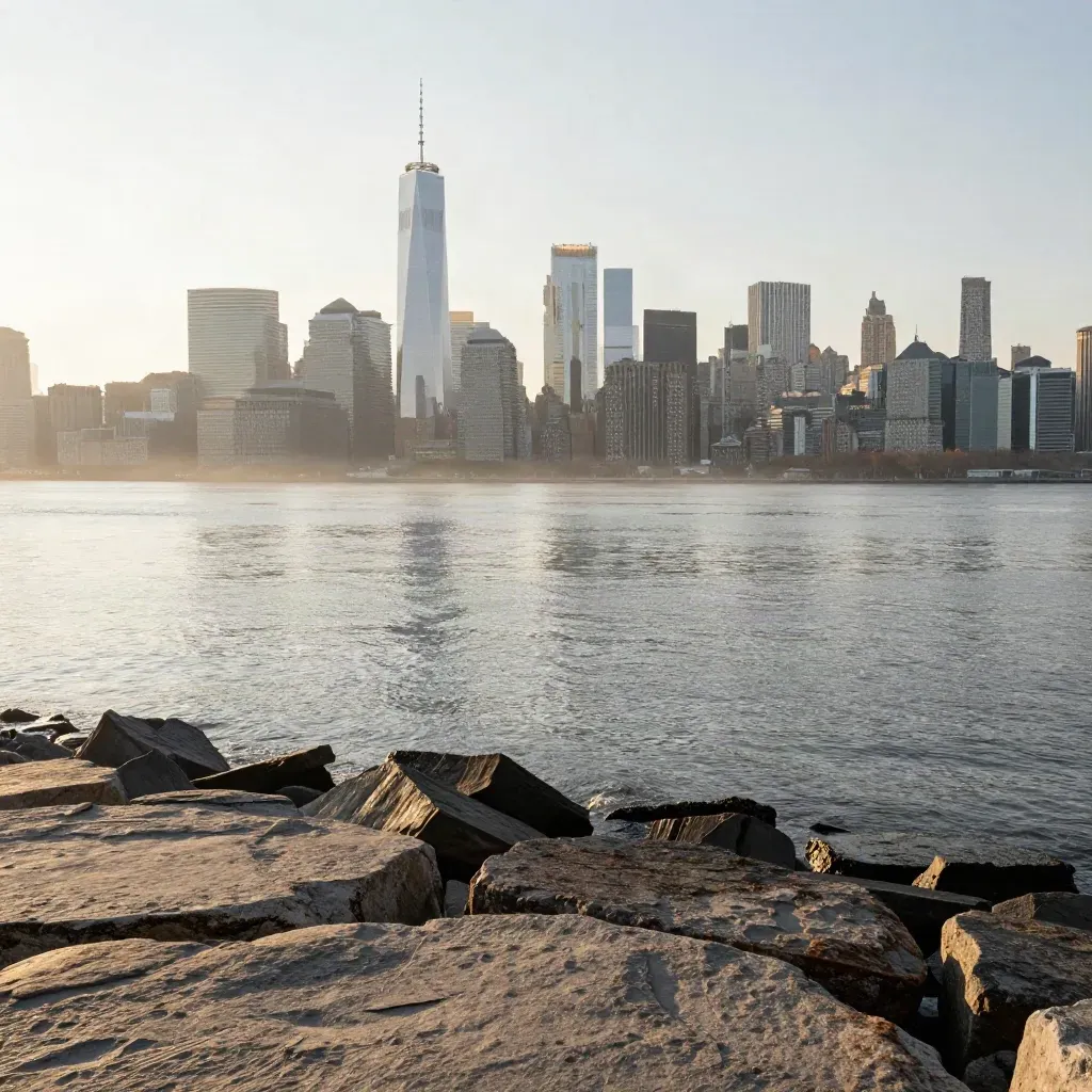 Manhattan skyline in pale morning haze above a calm Brooklyn waterfront and shimmering East River.
