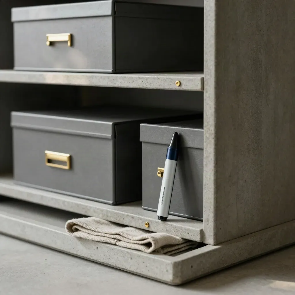 Tiered monitoring shelf with brass markers, archive boxes, and a sealed tray on stone.