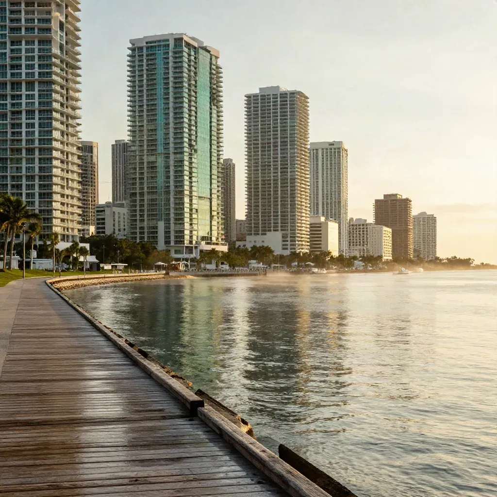 Miami skyline above calm bay water in warm golden rain haze