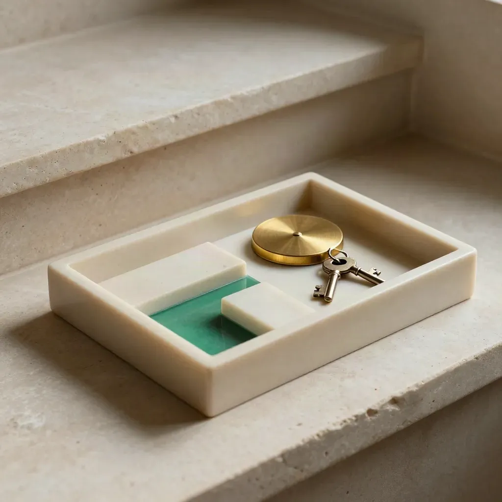 Planning tray with brass date disc, keys and dividers in a stone niche