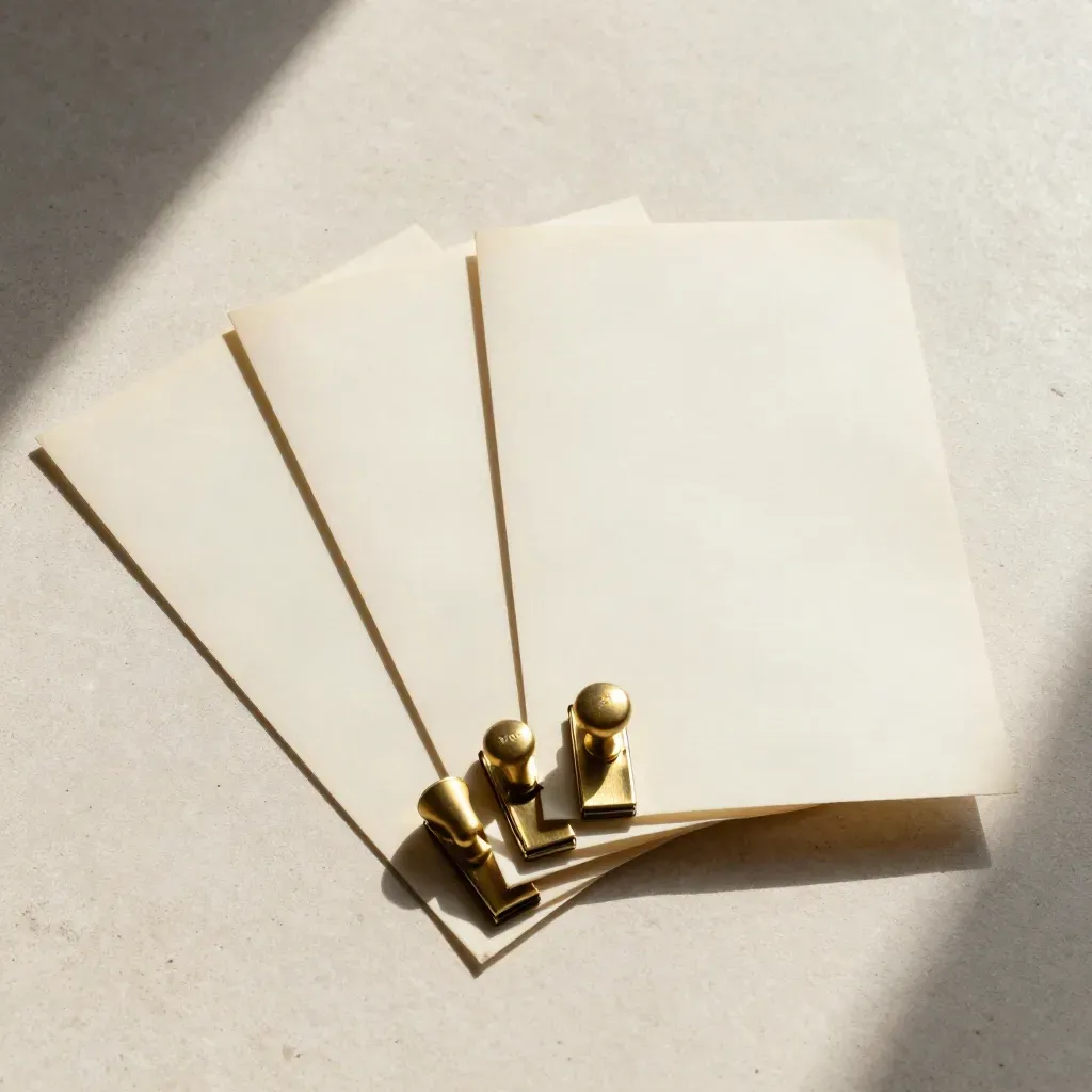 Top-down flatlay of archival sleeves, brass clips, and a seal stamp on pale stone.