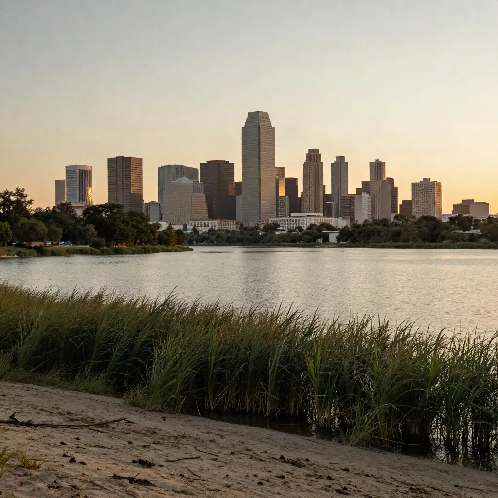 Dallas skyline over a reservoir at sunset with open sky and calm water