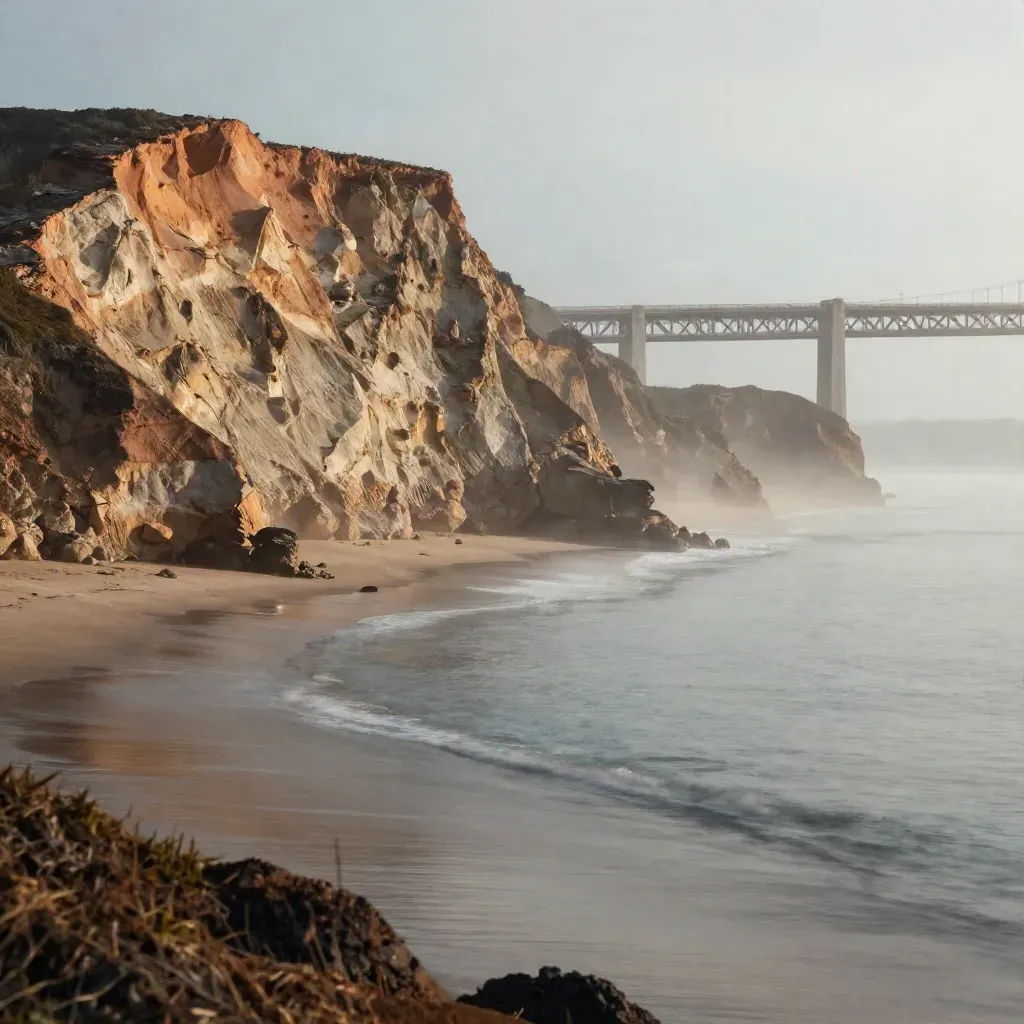 Foggy San Francisco Bay cliffs and a bridge silhouette above a calm shore at golden hour.