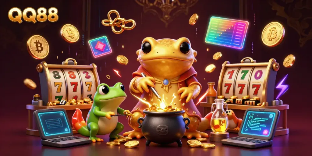 Engage in thrilling slot games at QQ88, featuring an enchanting alchemist and vivid casino elements.