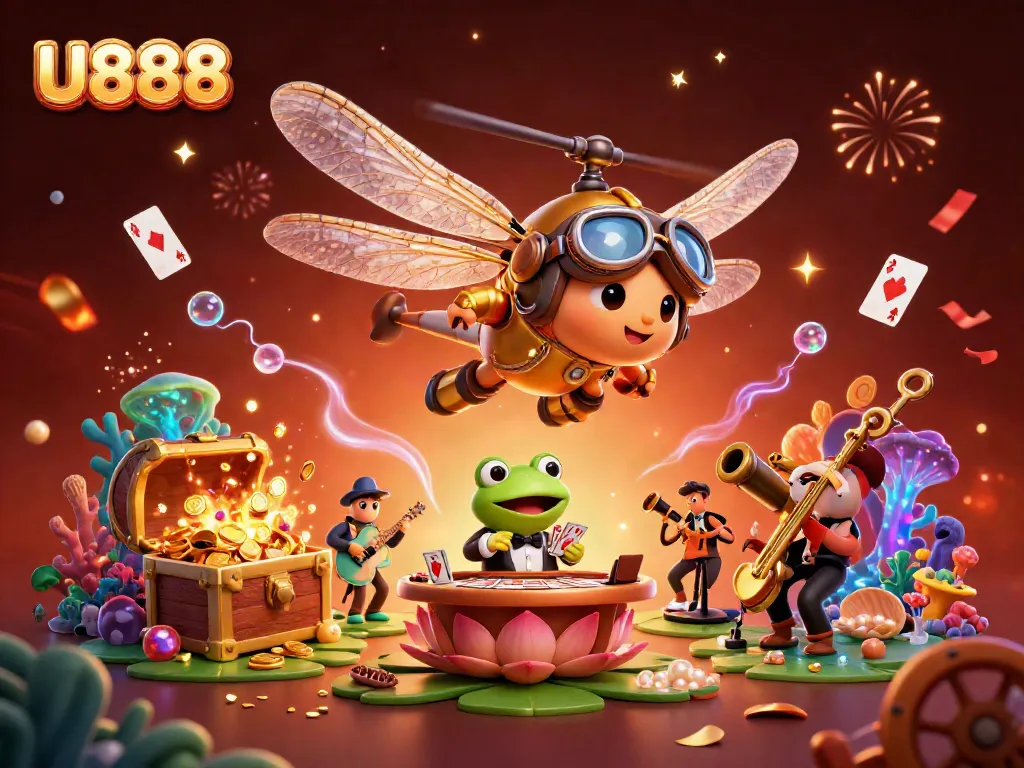 Engage in thrilling gameplay at U888 with a lively casino scene featuring a dragonfly pilot and frog croupier.