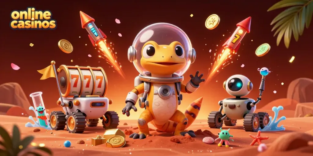 Enjoy the vibrant world of online casinos with a Martian gecko discovering a golden casino.