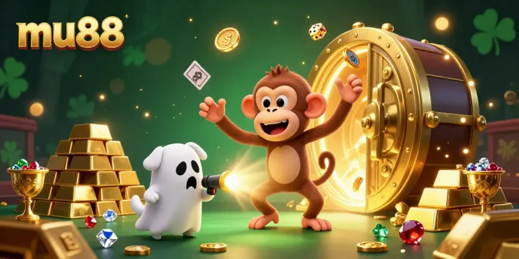 Experience the excitement of mu88 with a lively haunted casino scene, featuring a poltergeist monkey and ghost-hunter puppy.