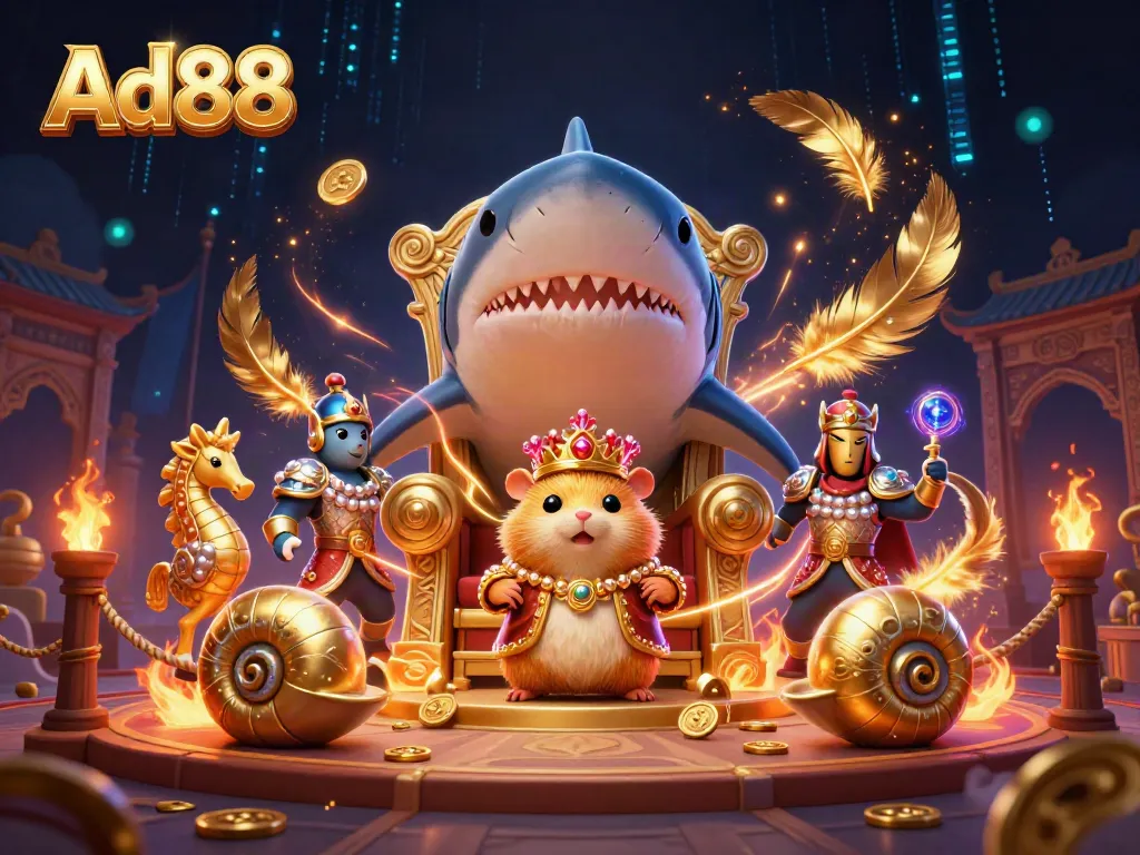 Engage with Ad88's vibrant online casino adventure featuring a golden hamster king and rich game elements.