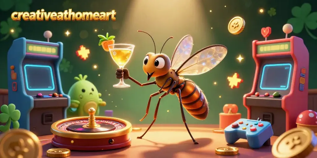 Engage with creativeathomeart's vibrant casino scene featuring a frozen insect mascot and a trilobite DJ.