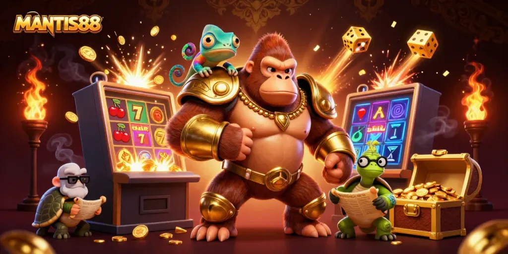 MANTIS88 brings thrilling adventures with the gorilla king, chameleon, and tortoise in a vibrant casino scene.