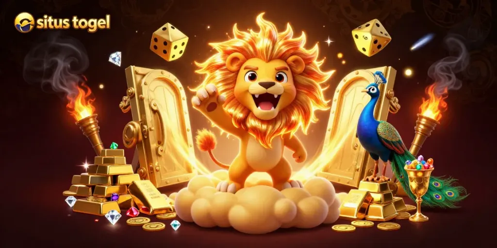Engage with situs togel in a vibrant 3D casino universe featuring a roaring lion and dynamic dice.