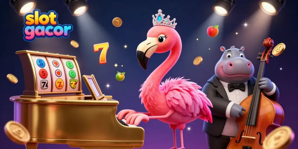 Engage with the exciting world of slot gacor featuring a vibrant flamingo singer and hippo bassist in a dynamic casino scene.