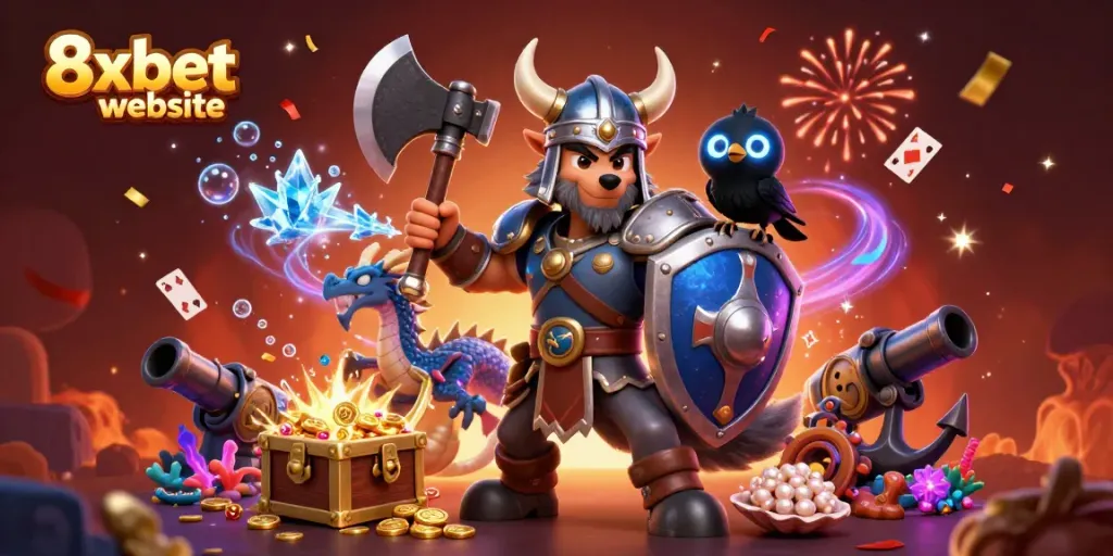 Engage players at the 8xbet website with thrilling moments depicted in a vibrant 3D illustration of a Viking warrior, dragon, and treasures.