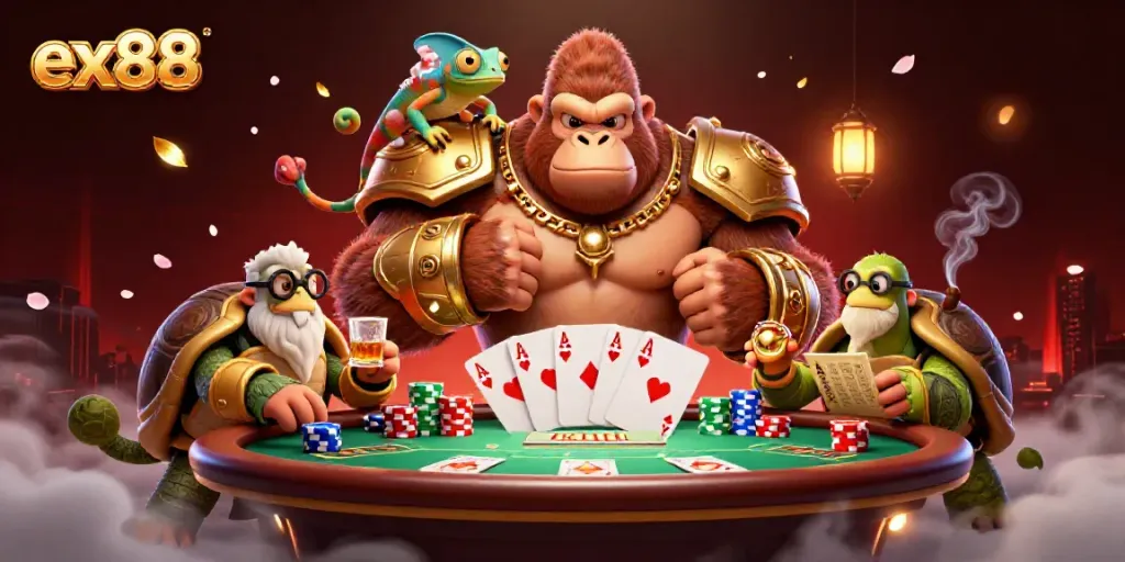 Play exciting games at ex88 casino featuring an animated scene with characters and gambling elements
