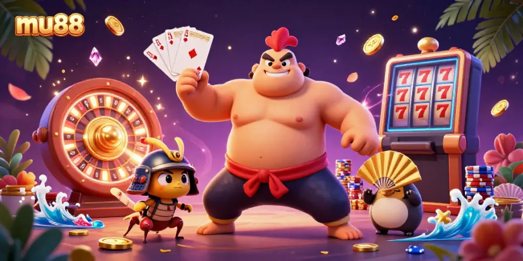 Experience the excitement of mu88 with dynamic casino action illustrated by powerful sumo wrestler and fierce characters.