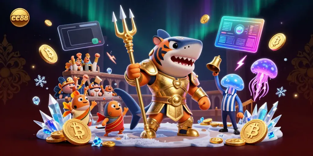 Experience exciting gameplay at ee88 with an underwater casino themed illustration showcasing unique characters and vibrant elements.