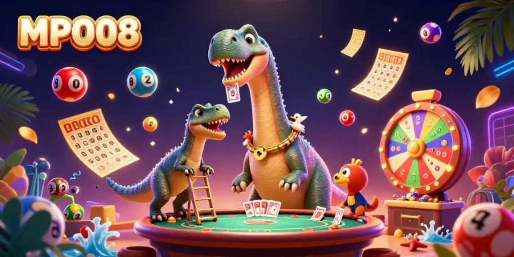 Engage in thrilling slot experiences at MPO08 with a vibrant, dynamic casino scene illustration.