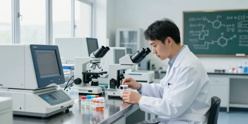 Scientist analyzing SwissChem peptides in a modern laboratory
