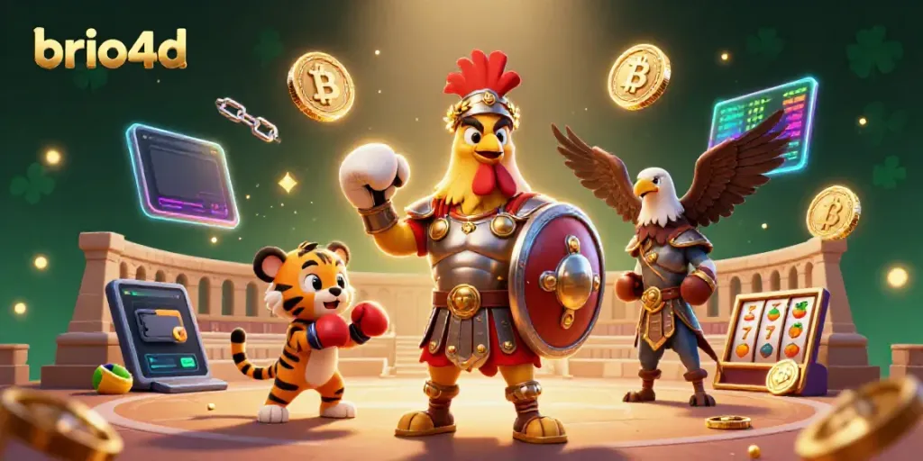 Engage in thrilling gameplay with brio4d featuring a gladiator rooster and crypto elements.