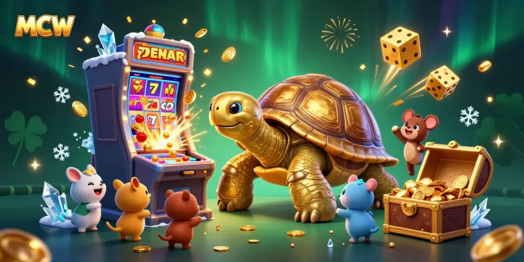Exciting gaming scene showcasing MCW with a golden tortoise pinball machine and jackpot-filled slot machine.