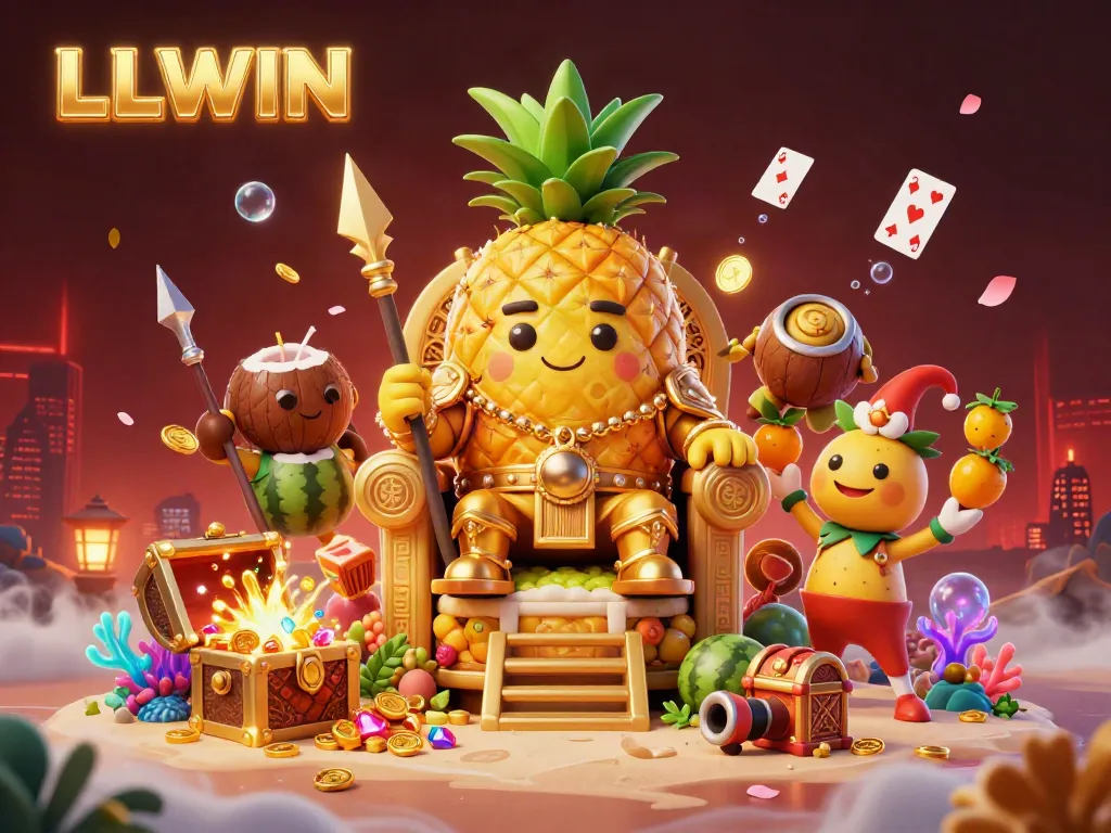 Experience LLWIN's vibrant casino world with a golden pineapple king and luxurious game elements.