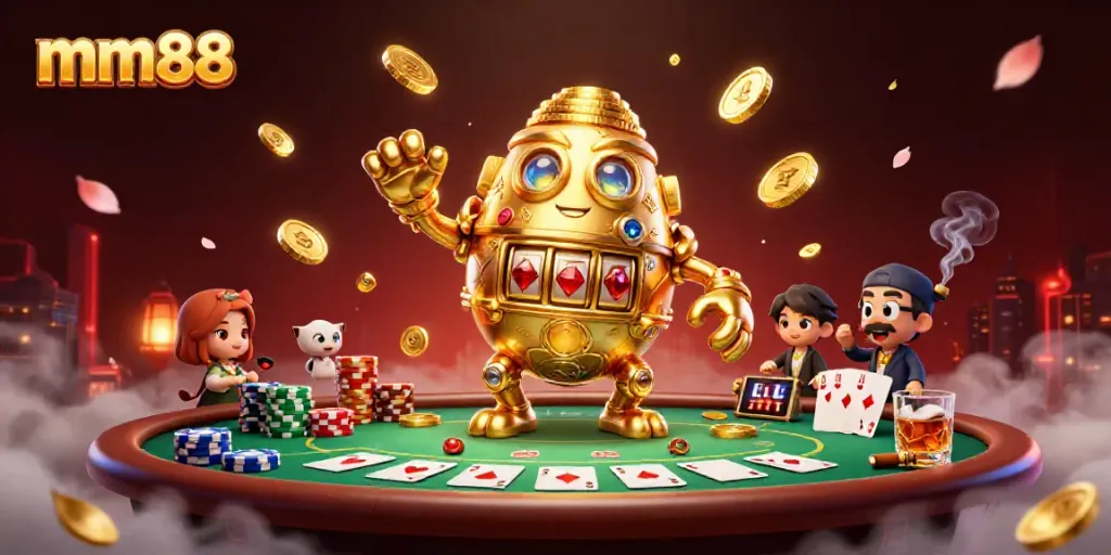 Engage with exciting mm88 casino games featuring a golden golem and poker scene.