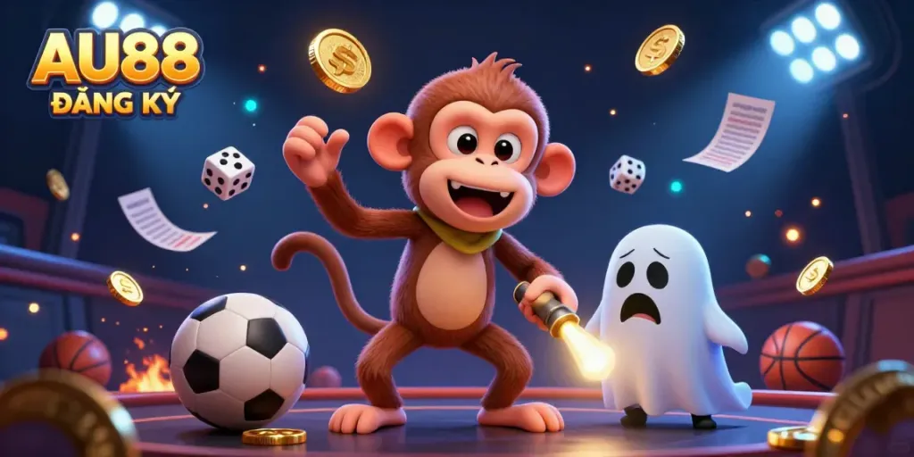 Participate in thrilling AU88 ĐĂNG KÝ gaming with a lively ghost-hunter puppy tracking a mischievous poltergeist monkey in a haunted casino.