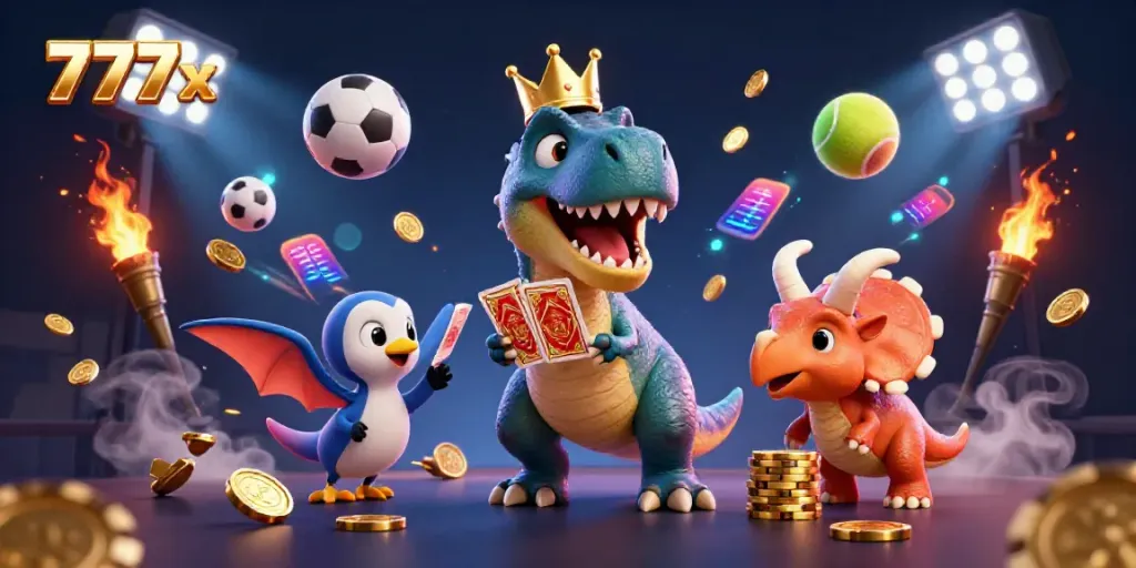 Enjoy thrilling moments at 777x as a friendly T-Rex shuffles cards with a pterodactyl assistant amidst exciting sports elements.