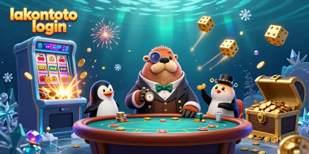Permainan togel menarik dengan lakontoto login di bawah laut, dikelilingi simbol mesin slot yang meledak.