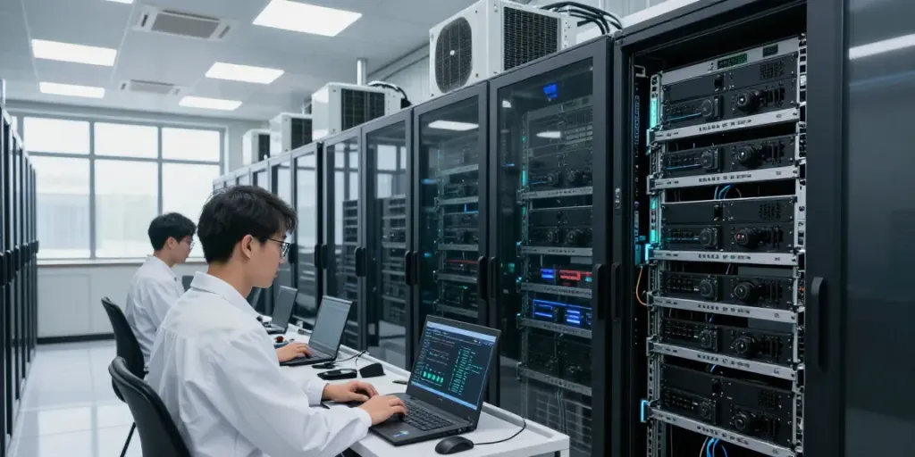 High-performance AI data center featuring GPU servers and technicians monitoring power usage.