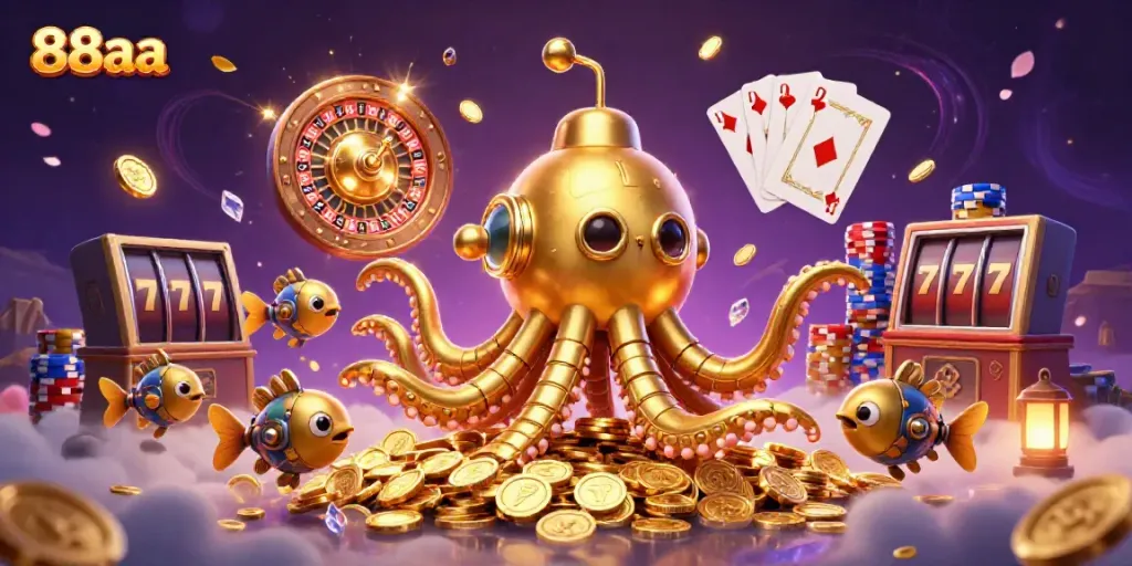 Play to win with 88aa in a vibrant casino world filled with gold coins and gaming elements.