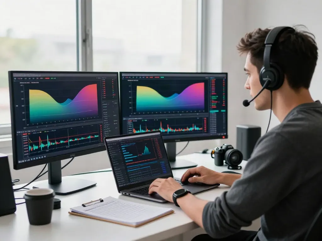 Professional trader using TradingView in a bright workspace with multiple screens.