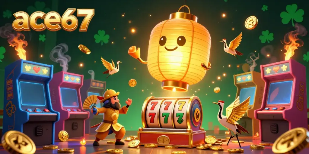 Experience thrilling gameplay at ace67 with vibrant slot reels and enchanting characters in this dynamic casino illustration.