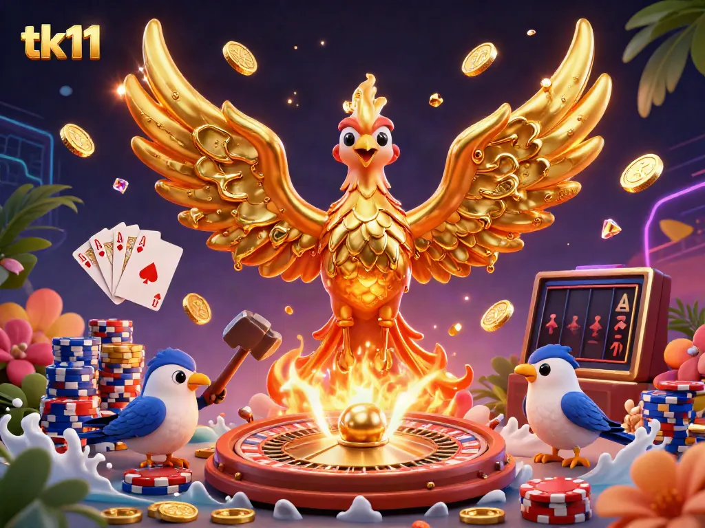 Experience the thrill of gaming with the tk11 phoenix, as it showers golden coins and casino elements from a magical forge.