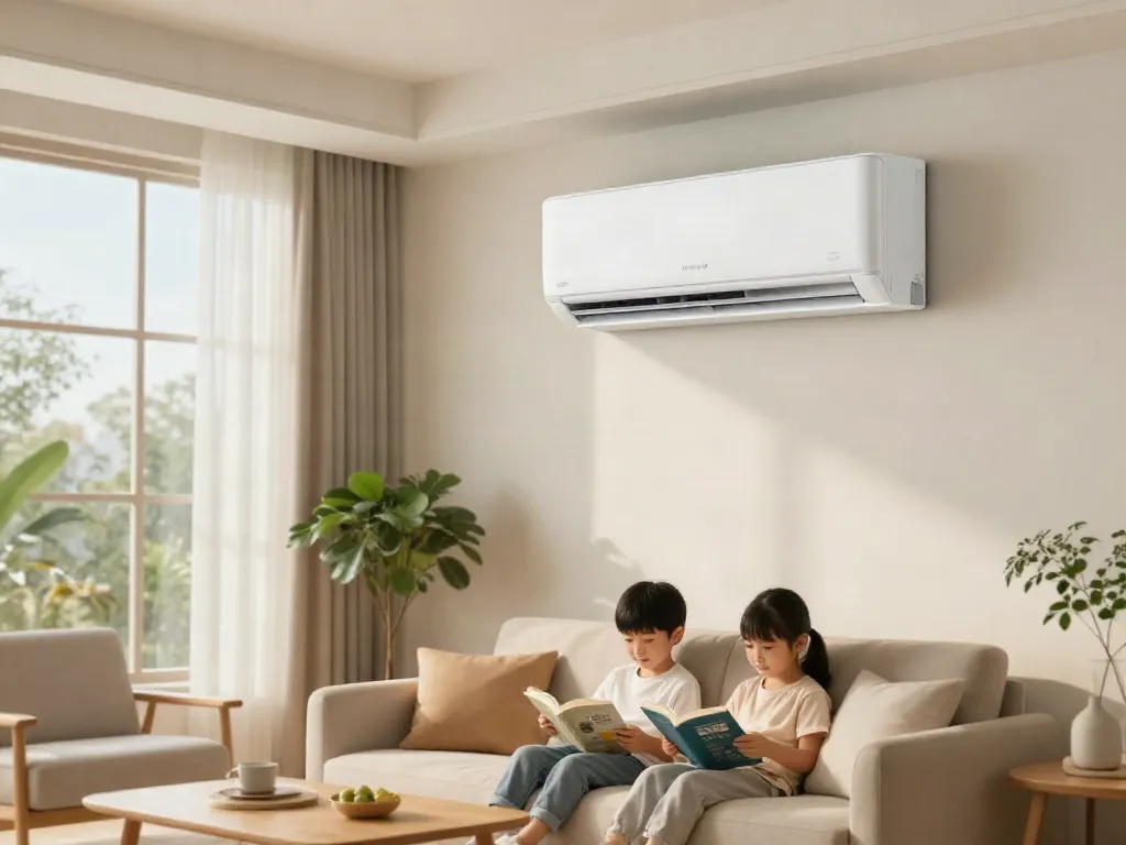 Spacious living room showcasing a mini split ac system providing comfort in a cozy family setting.