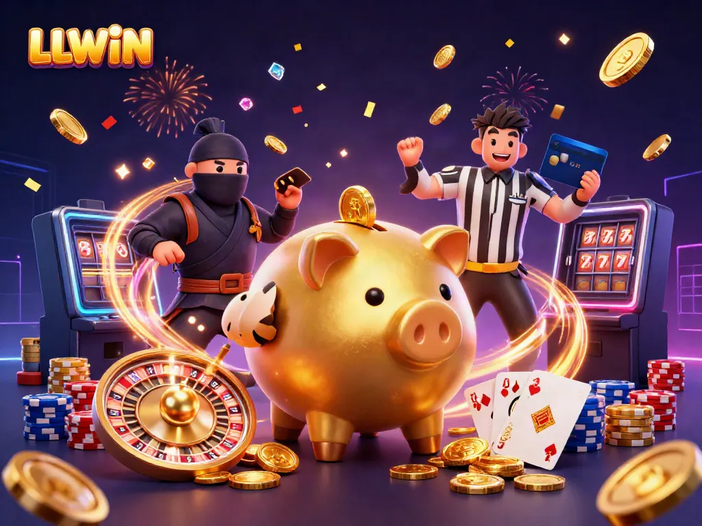 LLWIN's thrilling casino scene featuring energetic characters and dynamic gameplay elements for an unbeatable gambling experience.