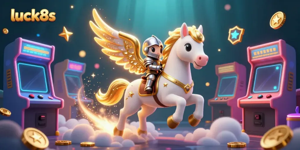 Experience the thrill of luck8s with a mystical scene of a knight on a celestial horse amidst vibrant casino elements.